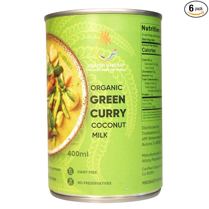 Islands Harvest Organic Green Curry Coconut Milk Pack of 6 - Vegan, Kosher, Halal, Non-GMO, USDA Organic - No Added Artificial Flavors, Colors or Preservatives. For Curries, Such As Green Beans, Broccoli, Carrot