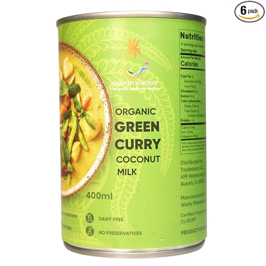 Islands Harvest Organic Green Curry Coconut Milk Pack of 6 - Vegan, Kosher, Halal, Non-GMO, USDA Organic - No Added Artificial Flavors, Colors or Preservatives. For Curries, Such As Green Beans, Broccoli, Carrot