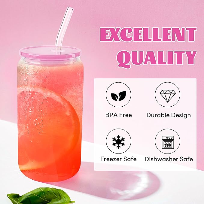 Joyclub 12pcs Glass Cups with Acrylic Lids and Straws 16 oz Can Shaped Glass Iced Coffee Cups with Lids and Straws, Cute Tumbler Cup Drinking Glasses for Smoothie Whiskey Boba Soda Tea Gift