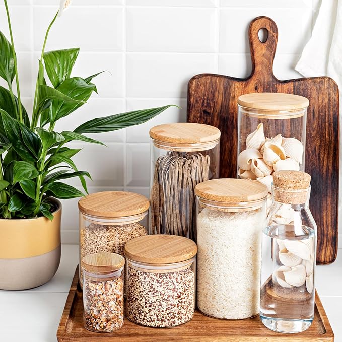 53oz Glass Food Storage Jars, Glass Jars with Bamboo Lids, Kitchen Storage Jars, Set of 4, Canisters with Airtight Lids for Spice, Coffee, Cookie, Pantry Organizers