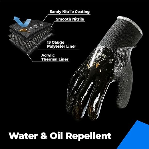Waterproof Gloves Bulk Pack for Men and Women, 3 Pairs, Freezer Gloves with Grip, Double Nitrile Dipped for Extreme Oil Repellent, for Construction, Mechanics, Mining, Plumbing, Black, X-Large