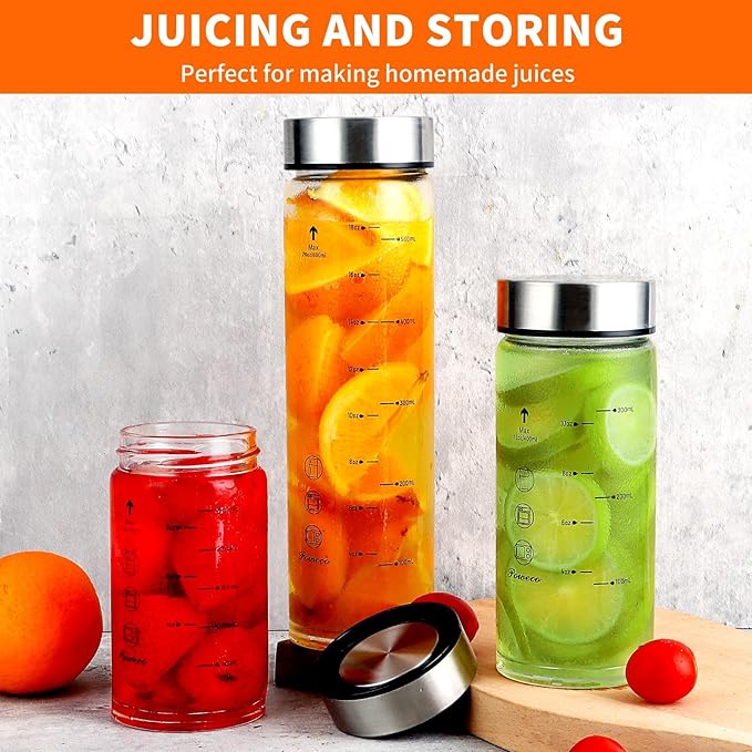 Glass Juice Bottles 6 Pack 10 oz - Wide Mouth Glass Water Bottles with Lids - for Juicing, Protein, Smoothie, Milk, Reusable, BPA Free, Stainless Steel Lids, Blender, Shaker Bottle [10oz/300ml]