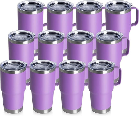 HASLE OUTFITTERS 20oz Tumbler Bulk with Lid, Stainless Steel Tumbler Bulk with Handle, Metal Insulated Travel Coffee Mug Set with Handle, Double Wall Vacuum Leak Proof Tumbler Cup, Purple 12 Pack