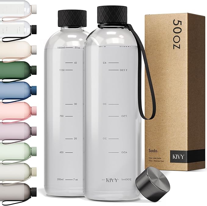 KIVY Tritan Water Bottle 2nd Generation (Black Clear, 50oz)