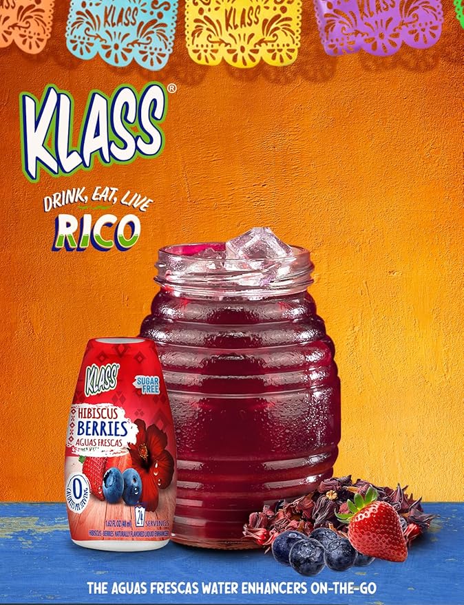 Klass Aguas Frescas | Liquid Water Enhancer | Sugar Free Naturally Flavored Hubiscus Berries, Keto Friendly |1.62 Oz Pack of 4 (Makes 24 servings each) 0 Calories Per Serving