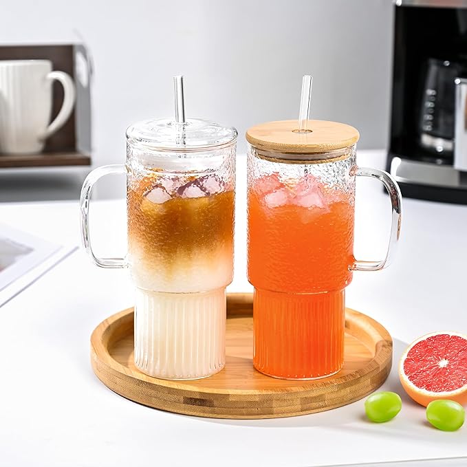 32oz Glass Cups with Handle and Bamboo Lids and Straws, 2 Pack Borosilicate Glass Tumblers for Iced Coffee, Smoothies, Fruit Drinks. Reuseable Glasses Cups for Cold/Hot Water