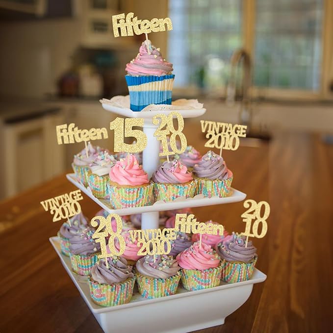 Gyufise 24Pcs Sweet 15 Cupcake Toppers Glitter Fifteen Vintage 2010 15th Birthday Cupcake Picks Hello 15 Years Birthday Cake Decorations for Happy 15th Anniversary Party Supplies Gold