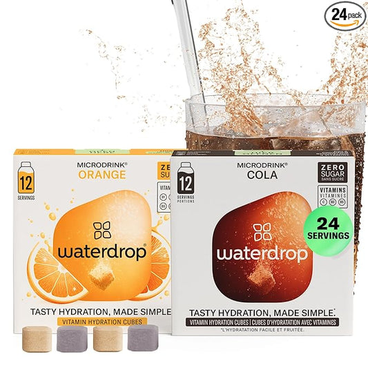 Waterdrop Hydration Cubes with Vitamin C, B3, B5 & Electrolytes, Cola & Orange Flavor Variety Pack, Flavored Water Enhancer Cubes for Still & Sparkling Water, On the Go, Sugar Free, Vegan, 24 Count