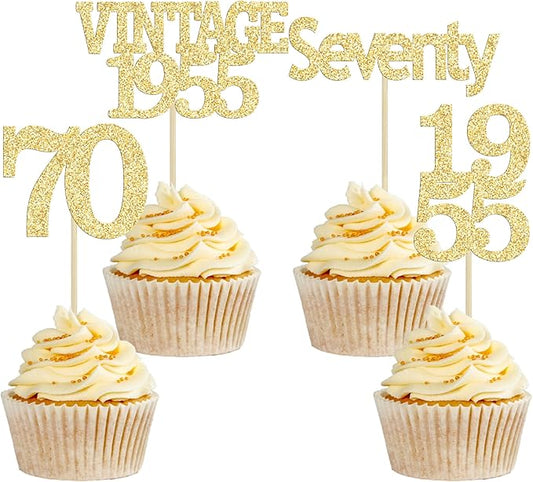Gyufise 24Pcs 70th Birthday Cupcake Toppers Glitter Cheers to 70 Fabulous Seventy Vintage 1955 Cupcake Picks 70th Birthday Wedding Anniversary Party Cake Decorations Supplies Gold