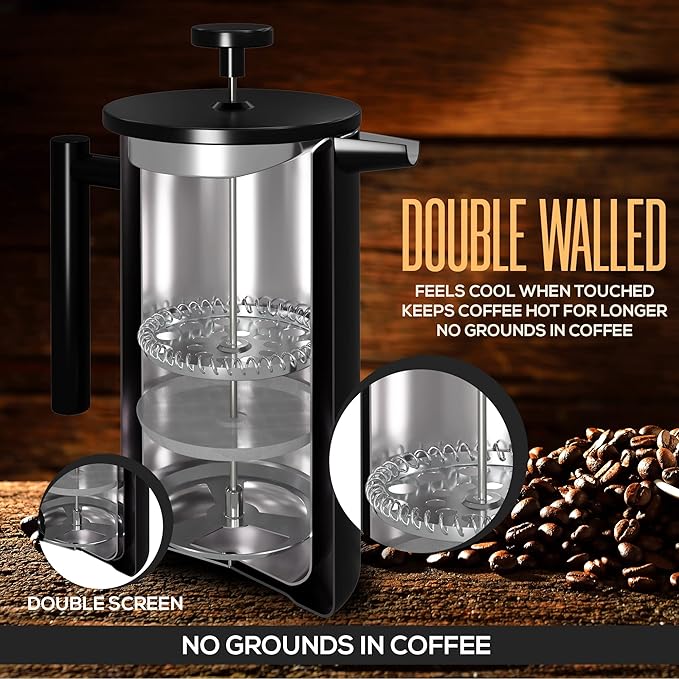 Utopia Kitchen Stainless Steel French Press Coffee Maker 34 Oz (1 Litre) with 2 Extra Filters, French Press Coffee & Tea Maker for Kitchen & Camping, Cold Brew Cafetiere, Black