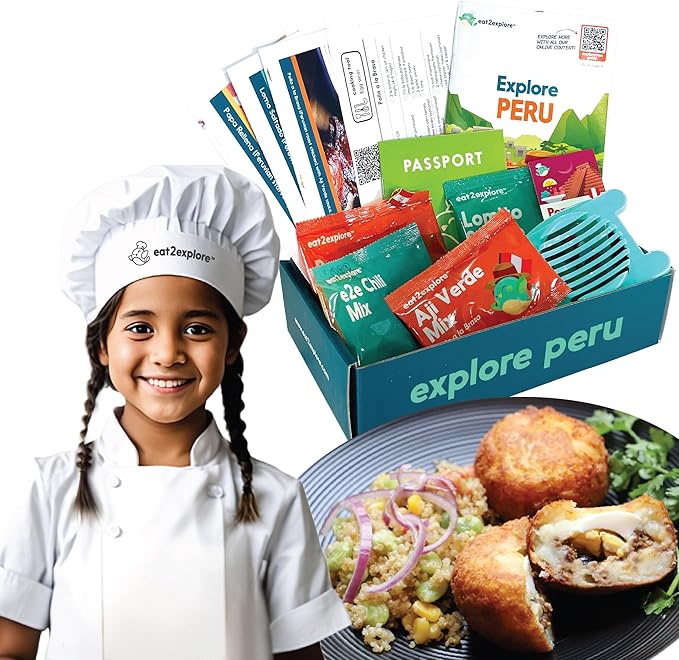 eat2explore Cooking Kits for Kids – Interactive & Educational Kids Cooking Sets Real for Ages 5 and Up,3 Recipe Cards & Global Ingredients – Fun Gift for Young Chefs (Peru Edition)