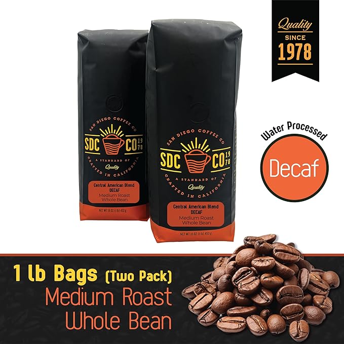 San Diego Coffee DECAF Central American Blend, Medium Roast, Whole Bean Coffee, 16-Ounce Bags (Pack of 2) Café en grano tostado descafeinado