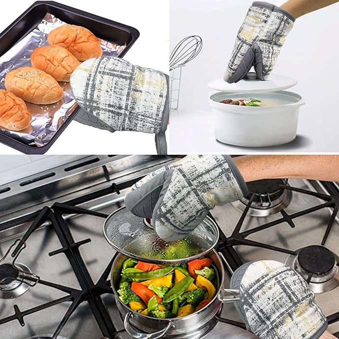 Mini Silicone Oven Mitts, Heat and Slip Resistant Kitchen Gloves 2-Pack Set, Vintage Plaid Soft Oven Mittens, Flexible Pot Holders for Cooking Baking and Grilling (Vintage Grey)