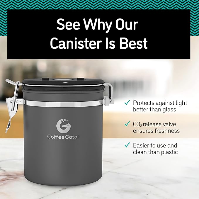 Coffee Gator Stainless Steel Canister - Medium 16oz, Gray Coffee Grounds and Beans Container with Date-Tracker, CO2-Release Valve, and Measuring Scoop - Ideal Coffee Lovers Gifts