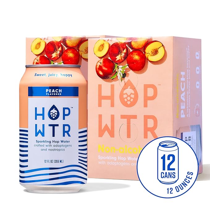 HOP WTR Sparkling Hop Water, Peach 12 Pack, Sugar Free, Low Carb Non Alcoholic Drinks, NA Beer, Adaptogen Drink, No Calories, Adaptogens & Nootropics for Added Benefits, 12 oz Cans