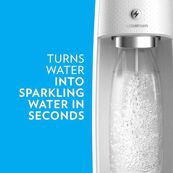 SodaStream One Touch Electric Sparkling Water Maker Bundle (White) with CO2, BPA free Bottles, and 0 Calorie Fruit Drops Flavors