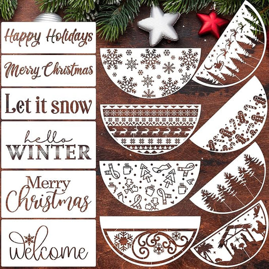Christmas Stencils 12” Large Christmas Stencils for Crafts Reusable Christmas Stencil Holiday Drawing Templates for Door Hanger Porch Wreath Doormat Window Glass Decor(XMS Half R Stencil 03-14p)