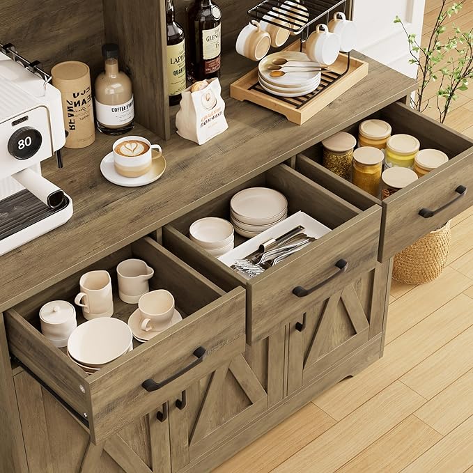 HOSTACK Buffet Cabinet with Hutch, Modern Farmhouse Kitchen Buffet Sideboard Storage Cabinet with 3 Drawers, Barn Door Coffee Bar Station for Dining Room, Living Room, Rustic Brown