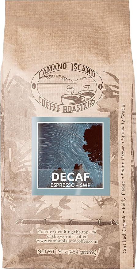 Camano Island Coffee Roasters Decaf Espresso Blend, Whole Bean 1lb, Fresh Dark Roast Swiss Water Processed, USDA Organic, Fairly Traded, Shade Grown Top 1% Arabica, Sweet Molasses, Mixed Berry Flavor