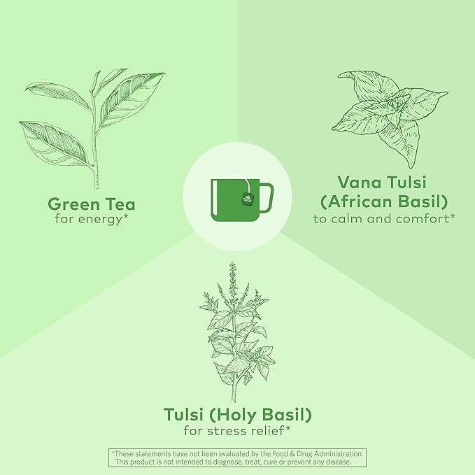 Organic India Tulsi Green Tea Bags - Holy Basil Tea, African Basil, Stress Relieving, Immune Support, USDA Certified Organic, Premium Darjeeling Green Tea, Caffeinated - 18 Infusion Bags, 6 Pack