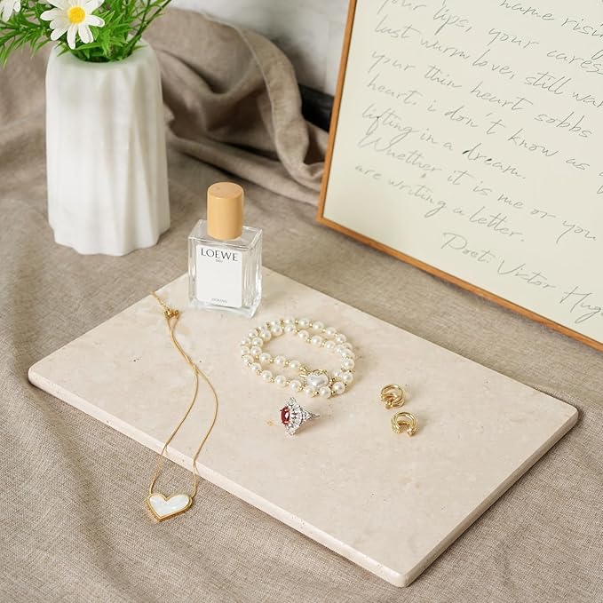 Koville Natural Travertine Marble Cutting Board for Kitchen Counter, 12" x 8" Real Stone Slab Marble Cheese Board for Home Decor, Stone Pastry Boards Bathroom Perfume Tray Candle Plate