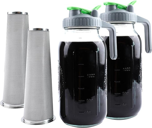 Cold Brew Coffee Maker 64 Oz Mason Jar Iced Tea Pitcher With Strainer 2 Set Half Gallon Glass Pitcher With Spout Lid 2 Quar Water Jug For Fridge Beverage, Sun Tea, Hot Cold Brew, Lemonade, Juice