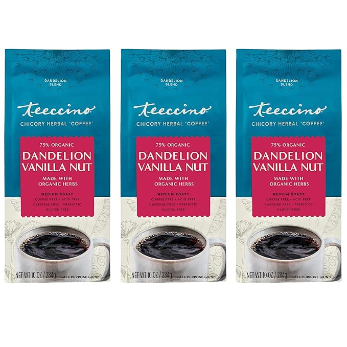 Teeccino Dandelion Vanilla Nut Herbal Coffee - Caffeine-Free Coffee Alternative with Prebiotics, Gluten Free, Acid Free - Medium Roast, 10 oz, Pack of 3