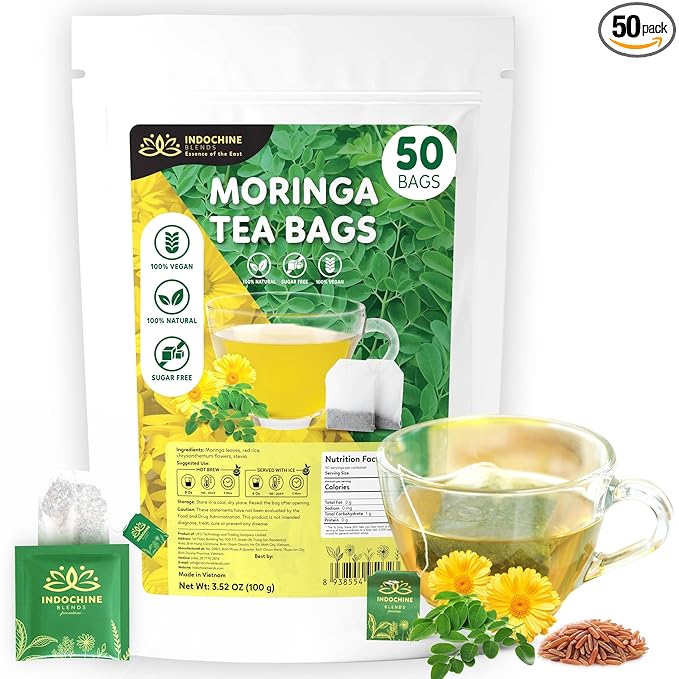 Indochine Blends, 50 Tea Bags, Hibiscus Tea Bags for High Blood Pressure, Herbal Tea Bags, Caffeine-Free, No Sugar, Vegan, Supports Heart Health and Relaxation, Loose Hibiscus Flowers, All Natural Hibiscus Flowers Ingredients (50 Tea Bags, Moringa Tea)