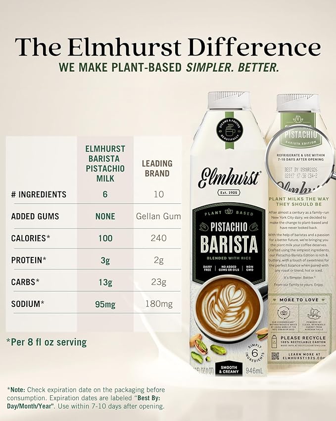 Elmhurst 1925 Pistachio Milk Barista Edition – 32 Ounce (Pack of 6) Plant-Based, Vegan, Dairy-Free, Non-GMO, Kosher, Froths for Lattes & Iced Coffee, 3g Protein per Serving, Simple Ingredients