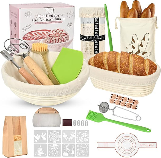 Sourdough Starter Kit, 9" Round & 10" Oval Banneton Bread Proofing Basket Set, Sourdough Starter Jar Glass, Complete Sourdough Bread Baking Supplies Making Tools Gifts for Bakers Women Mom