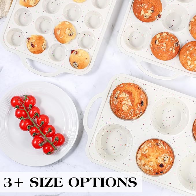 2 Pcs Silicone Mini Muffin Pan With Metal Frame, 24 Cups Nonstick Cupcake Tray for Baking, Small Muffin Molds with Handles (Cream)