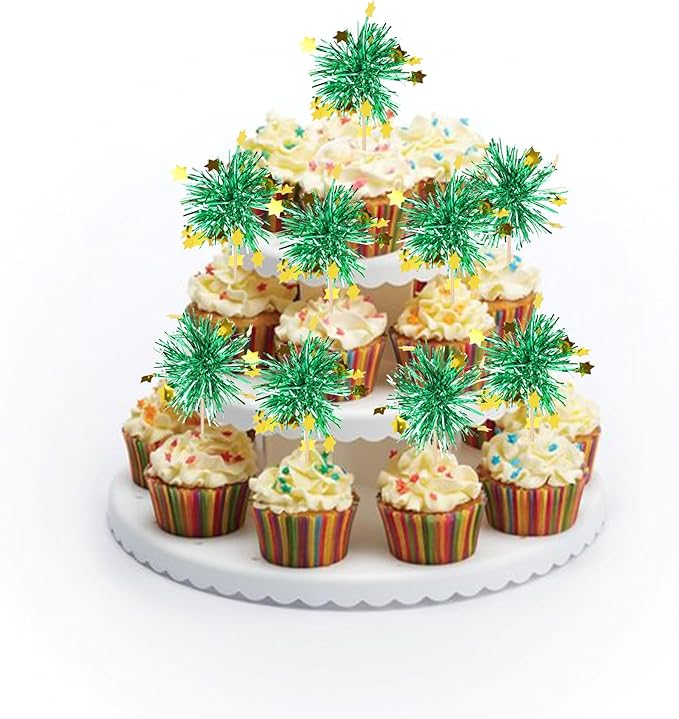 30 PCS Foil Firework Cupcake Toppers Happy Birthday Star Cupcake Picks Sparkle Tinsel Drink Stirrers Cocktail Fruit Toothpicks for Valentine's Day Wedding Birthday Party Decorations Supplies Green
