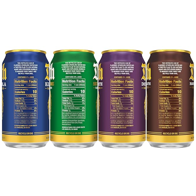 Liquid Death, Soda-Flavored Sparkling Water Variety Pack, 12-Pack (12oz Cans), Low Sugar, Huge Flavor & No Artificial Sweeteners, 4 Flavors: Severed Lime, Doctor Death, Killer Cola, and Rootbeer Wrath