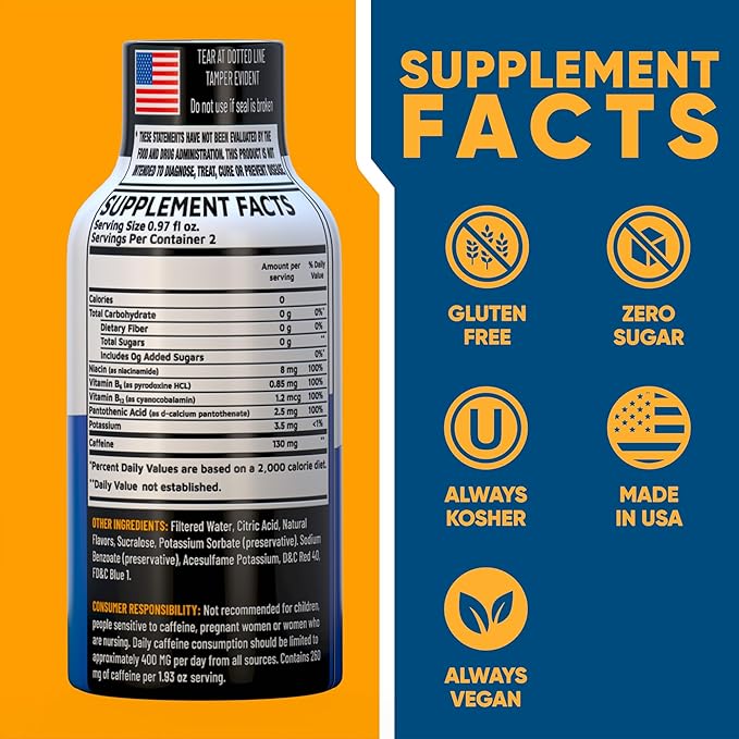 Blue Raspberry Extra Strength Energy Shot 24 pk – 260mg Natural Caffeine B12 B6 – Energy & Focus Support – 2 Servings Sugar Free Zero Calorie Green Tea B-Vitamins Electrolytes Vegan – 1.93 fl oz