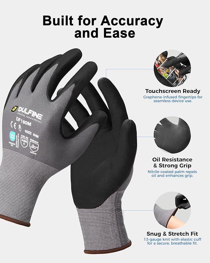 DULFINE Safety Work Gloves MicroFoam Nitrile Coated-24 Pairs Pack,Seamless Knit Nylon Glove with Black Micro-Foam Nitrile Grip,Ideal for General Purpose,Automotive,Home Improvement,Painting(Large)
