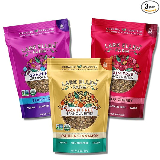 Lark Ellen Farm Vanilla Cinnamon, Cacao Cherry, Berrylicious Grain Free Granola Clusters, Crunchy Gluten Free Bites for a Healthy Snack, Healthy Breakfast, Cereal or Yogurt 8 oz - 3 Count