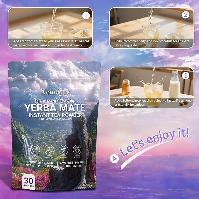 Yerba Mate Tea Powder - Peach Mango, Clean Energy & Focus with L-Theanine, Gut Health Support with Prebiotics, No Crash, 11.6oz (30 Servings)