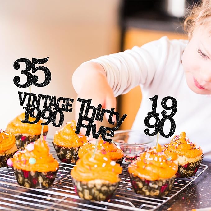 Gyufise 24Pcs Vintage 1990 Cupcake Toppers Glitter Cheers to 35 Fabulous Thirty Five Cupcake Picks 35th Birthday Wedding Anniversary Party Cake Decorations Supplies Black