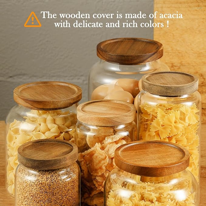 Labina Glass Storage Container Airtight Food Jars Kitchen Canister with Wood Lids, 33 Oz Wide Mouth Pantry Organization Glass Jar for Flour, Sugar, Cookie, Spagetti, Nuts and Candy