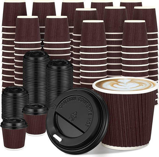 Uiifan 100 Set 4oz Disposable Espresso Cups with Lids Ripple Corrugated Paper Disposable Coffee Insulated Hot Ripple Cups for hot Chocolate, Tea, and Cocoa Drinks (Coffee Color)