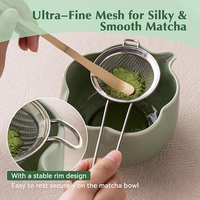 Matcha Set, 8Pcs Floral Ceramic Matcha Set with Matcha Whisk, Holder, Scoop, Scoop Rest, Sifter, Spoon and Tea Towel - Thoughtful Matcha Whisk Set Gift for Matcha Lovers (Green)