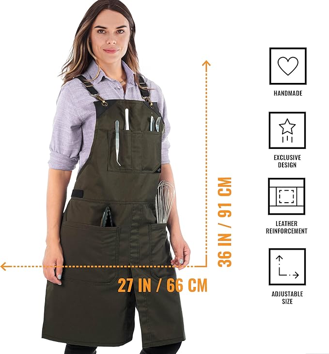 Under NY Sky Cross-Back Moss Green Apron – Durable Twill with Leather Reinforcement and Split-Leg – Adjustable for Men and Women – Pro Chef, Tattoo, Baker, Barista, Bartender, Stylist, Server Aprons