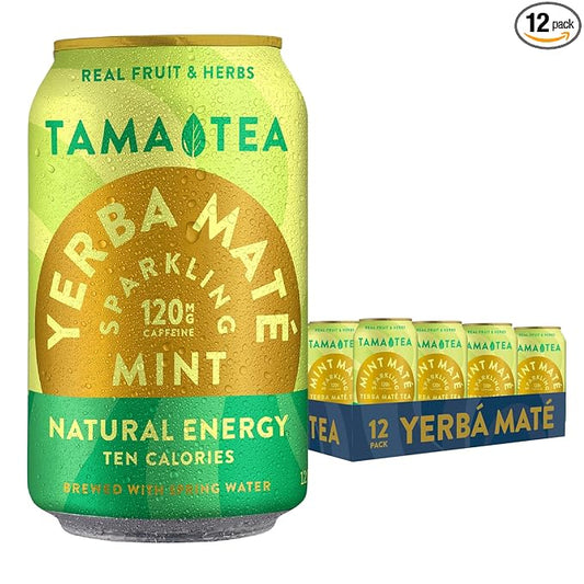 Sparkling Mint Yerba Mate by Tama Tea - Unsweetened Natural Energy Drink with Real Fruit & Herbs - Healthy Caffeine Drink Alternative - 120mg of Brain-Boosting Caffeine, 10 Calories - 12oz Pack of 12