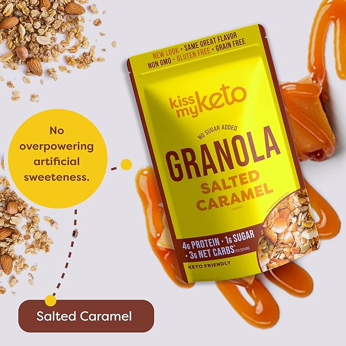 Kiss My Keto Sugar Free Granola, Salted Caramel 2-Pack – Curb Cravings with Few Net Carbs – Allulose Sweetened, Resealable & Gluten-Free Crunchy Clusters – Grain Free Granola Great With Yogurt or Milk