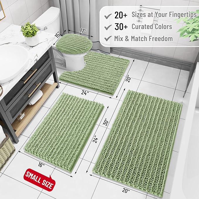 Arotive Luxury Chenille Bathroom Rug Mat, Extra Soft Thick Absorbent Shaggy Bath Rugs, Non-Slip Machine Wash Dry, Plush Bath Mats for Bathroom, Shower and Tub, 30x17, Sage Green