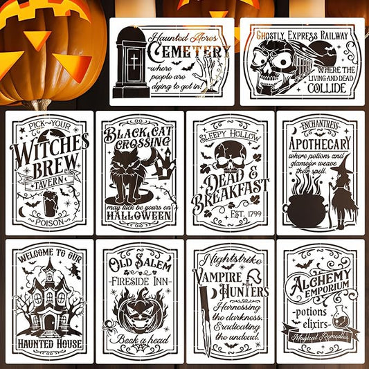 Halloween Stencils for Painting 11.7”x8.26” Reusable Halloween Stencil A4 Skeleton Witch Black Cats Draw Templates for Wood Signs Walls Windows Door Mat Fabrics