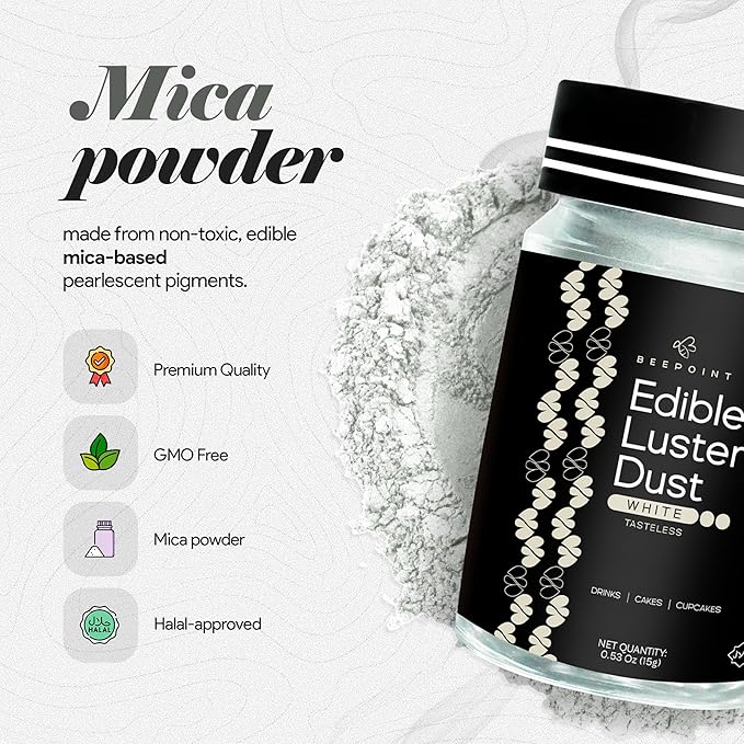 BeePoint White Edible Luster Dust 15g - Food Grade, Vibrant Color Shimmer Powdered Dust for Drinks, Cocktails, Cake Decorating, Baking, Chocolates, Candy, Sweets, & Cookies - Vegan & Gluten Free