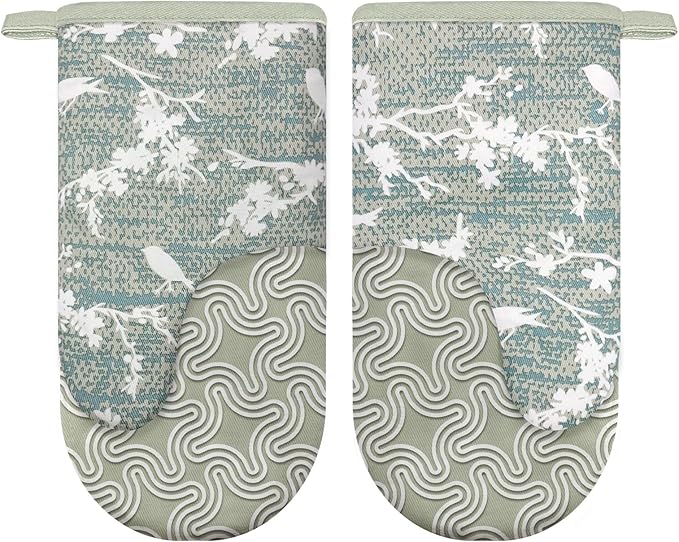 Thumb Oven Mitts, Heat and Slip Resistant Silicone Kitchen Mittens 2-Pack Set, Aqua Birds Soft Long Oven Gloves, Flexible Thick Potholders for Safe Baking Cooking and Grilling (Aqua)