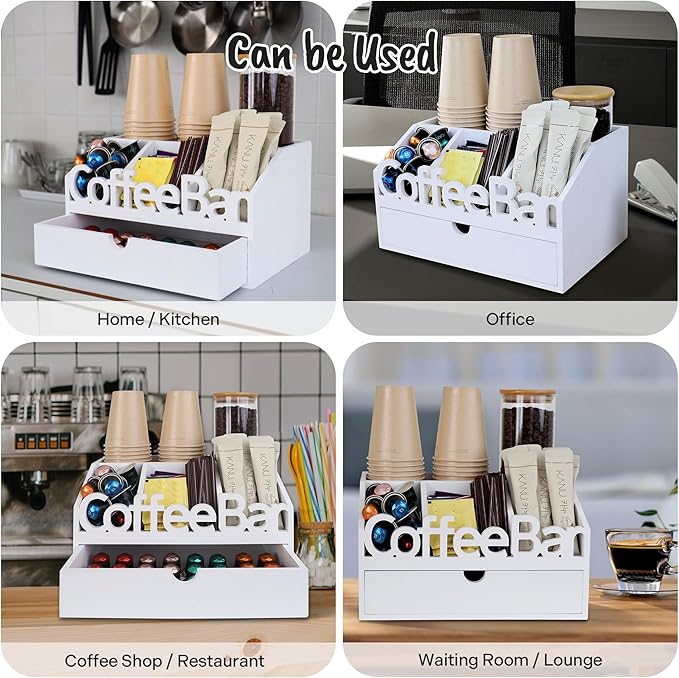 Coffee Bar Organizer for Countertop – Wooden Coffee Station with Black Drawer, Tea and K Cup Storage Rack, Coffee Pod Holder for Home and Office Counter Organization (Drawer - White)
