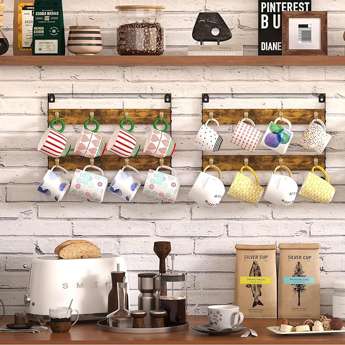 Mug Racks for Wall, Coffee Mug Holder Wall Mount Up to Hold 24 Mugs, Coffee Mug Rack Wall Mounted（3Pack） for Kitchen, Home, Coffee Bar, Rustic Wood and Iron